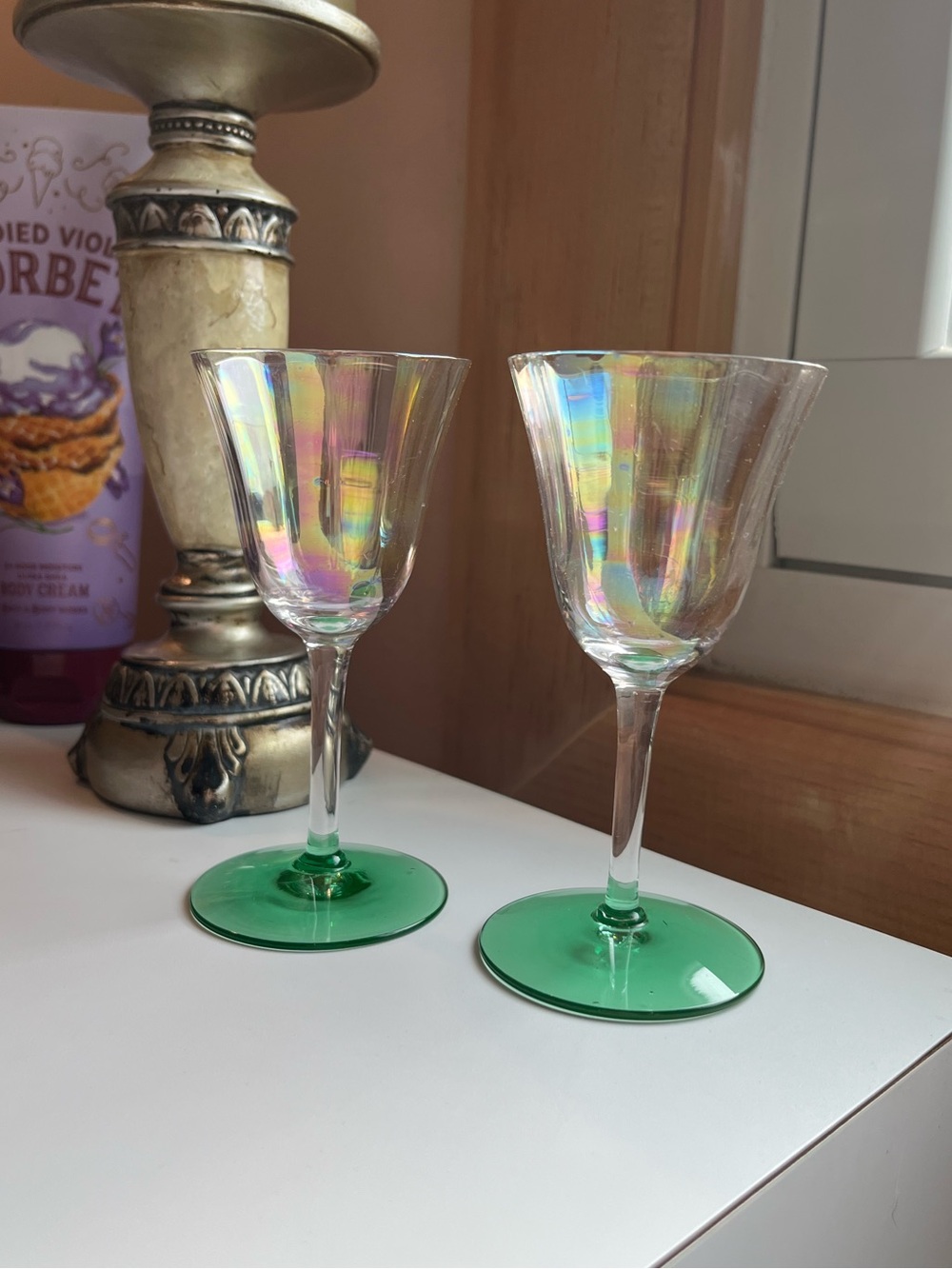 Antique iridescent Vaseline glass cordial sherry glasses
